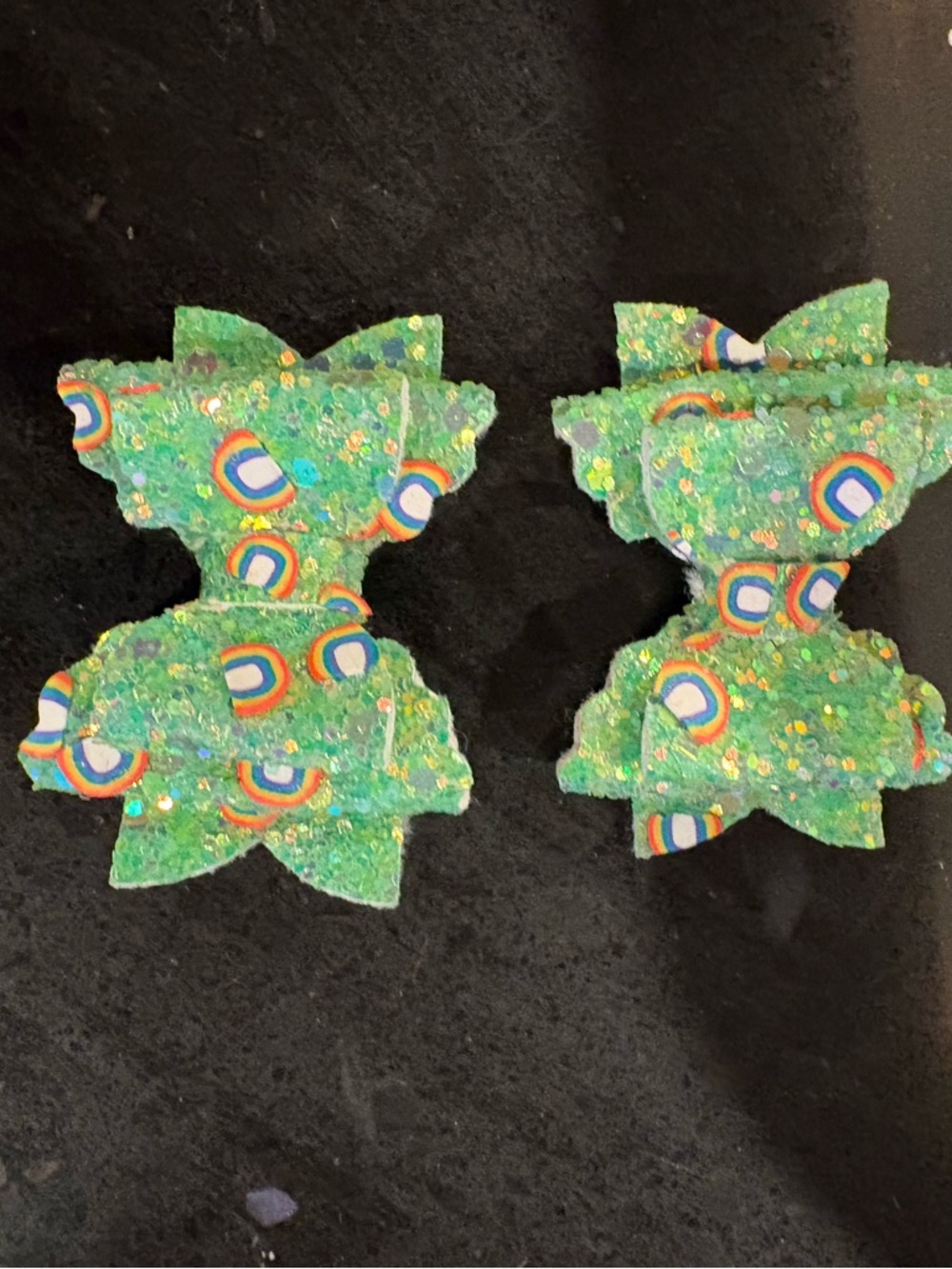 Sparkly Green Rainbow Bow Earrings
